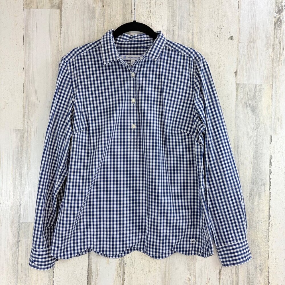 Southern Tide S Shirt Womens Blue White Gingham Popover Button Down Scalloped